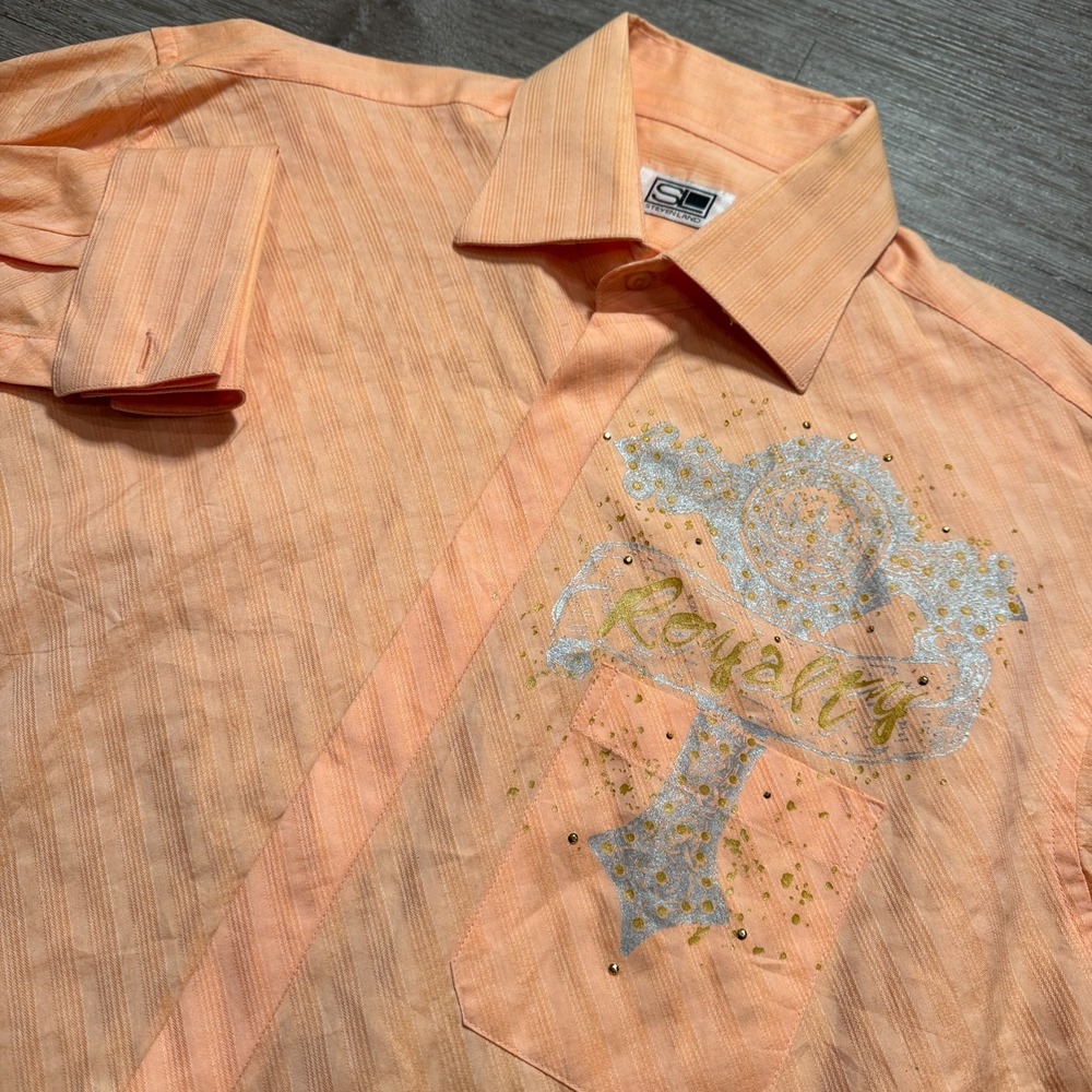 Steven Land Shirt Mens 16.5 34/35 Orange‎ French Cuff Modern Fit Button Graphic
